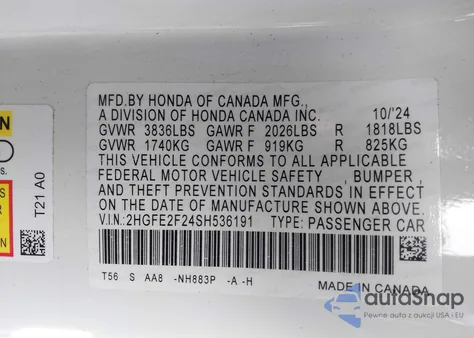 2025 Honda Civic Lx z USA, uszkodzony, nr VIN 2HGFE2F24SH536191